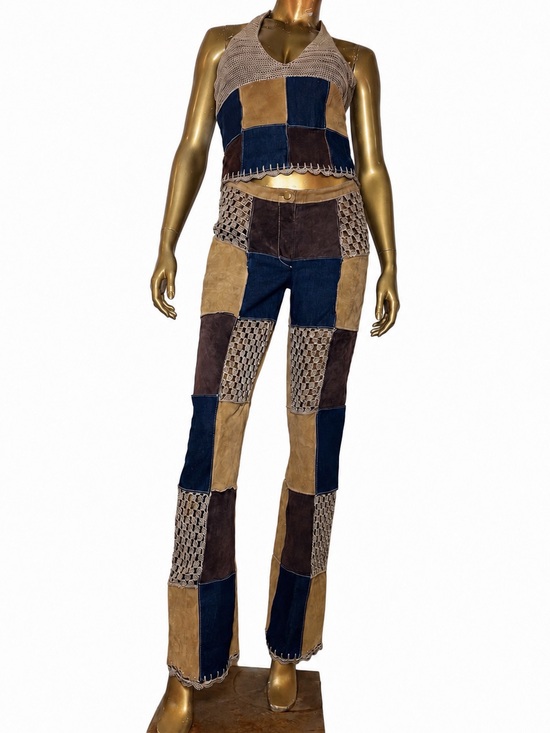 Wilsons Leather Pants - Y2K Wilson’s Leather Maxima Suede Denim Crochet Patchwork halter top & pant set